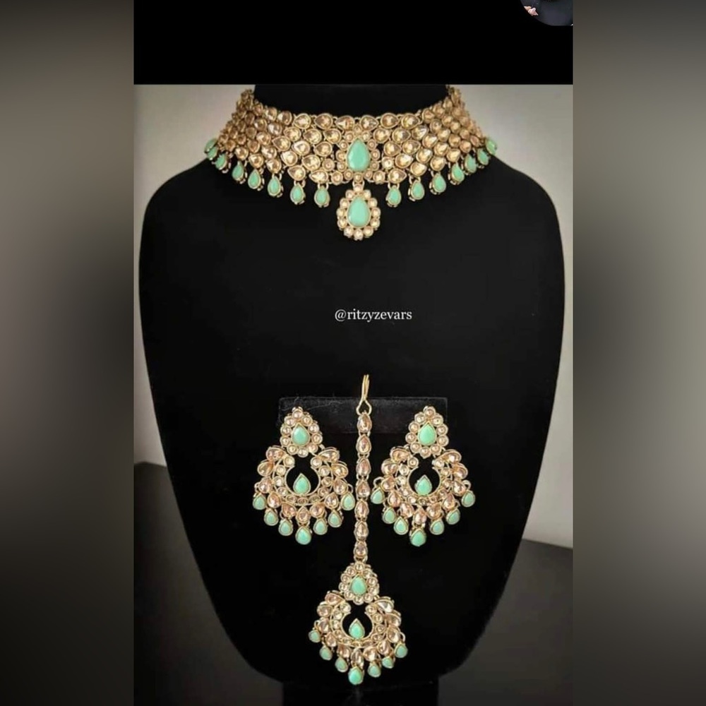 Beautiful Indian jewelry set earrings necklace and tikka , teal stone